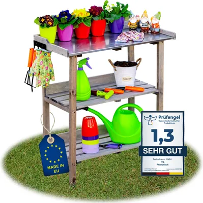 Produktbild von ITA Pflanztisch aus Holz 76x38x89 cm Grau - Mit verzinkter Arbeitsplatte und Ablageboden - Gärtnertisch - Qualität Direkt vom Hersteller - Outdoor & Indoor