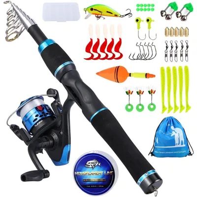 Image de Kit de pêche pour enfants : canne télescopique, moulinet spinning, couleur bleue, 1,5m, idéal pour la pêche en eau douce (perche, truite)