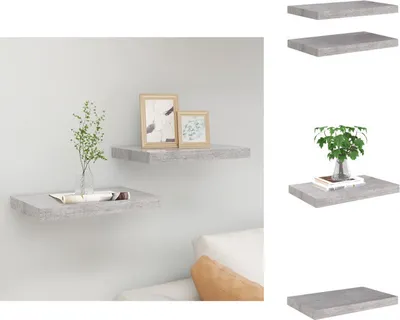 Two floating shelves are mounted on a light gray wall, with decorative items on them. The shelves are shown in a room setting with a couch in the foreground. There are also separate images of the shelves on a white background.