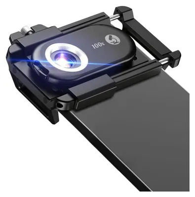 A close-up of a smartphone microscope attachment on a smartphone.