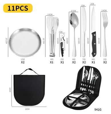 Produktbild von 12er Set Edelstahl Besteckset mit Tasche Camping Besteck Reisebesteck Outdoor Picknick Set rostfrei Silber
