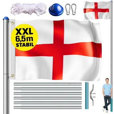 Produktbild von MONZANA® Fahnenmast 6,5m Seilzug Bodenhülse inkl. England UK Vereinigtes Königreich Flagge Englandfahne Fahne höhenverstellbar Flaggenmast Aluminium Teleskop Fahnenstange