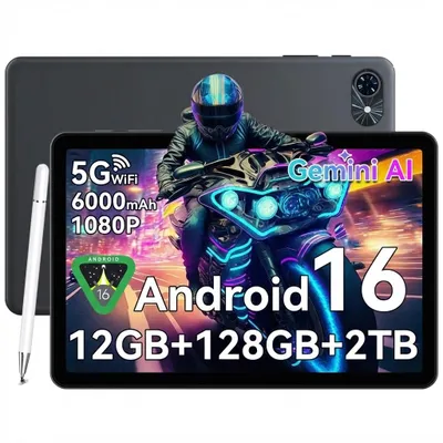 A tablet with a stylus, displaying a graphic of a motorcycle rider and promotional text.