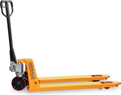A product shot of a yellow pallet jack on a white background.