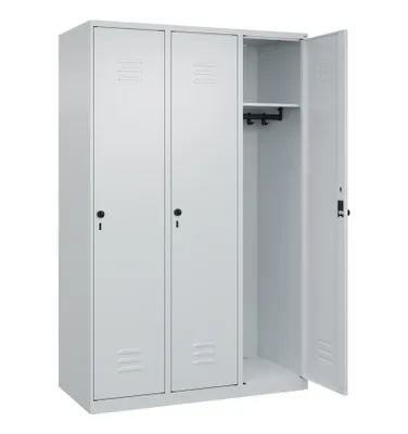Produktbild von Garderobenschrank, BxTxH 1200x500x1850 mm, 3 Abteile, B 400 mm, Bodenstehend, Drehriegel, RAL 7035