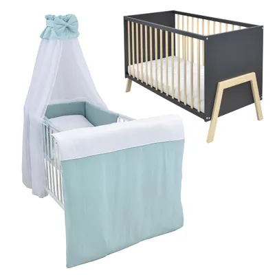 Produktbild von Babybett Kinderbett Gitterbett Juna 60x120 Anthrazit Schutzgitter Matratze Bettwäsche Set 10tlg  Waffelpique Musselin Mint