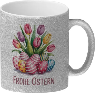 Produktbild von Tulpen und Ostereier Frohe Ostern Glitzer-Kaffeebecher