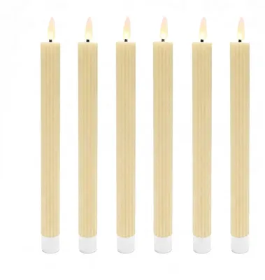 Produktbild von Relaxdays LED Stabkerzen, 6er Set, HxD: 25 x 2 cm, flackernde Flamme, Echtwachs, mit Rillen, flammenlose Kerzen, beige