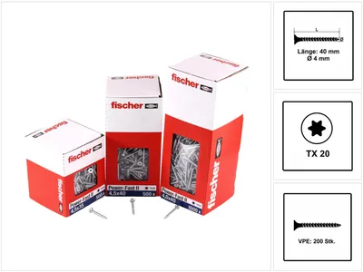 Zdjęcie produktu dla Fischer Power-Fast II FPF II wkręt do płyt wiórowych 4,0x40 mm 200 sztuk ( 670159 ) łeb stożkowy z pełnym gwintem Torx ocynkowany, pasywowany na niebiesko