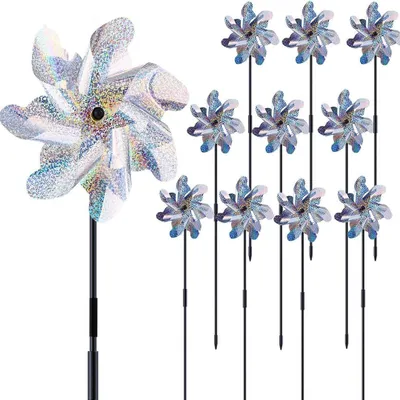 Produktbild von 10 Stück reflektierende Windmühlen - Vogelschutz - 18 x 52 cm - Vogelschreck reflektierend - Vogelschutz für Gärten, Obstgärten, Innenhöfe und Dächer