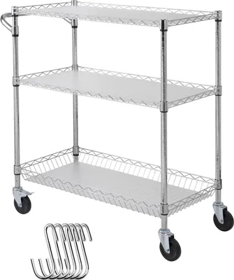 Zdjęcie produktu dla Wózek kuchenny SucceBuy, 3-poziomowy wózek druciany o udźwigu 300 kg, metalowy wózek do przechowywania na kółkach z uchwytem kosza 80 mm i 6 haczykami, idealny do użytku wewnątrz i na zewnątrz budynków