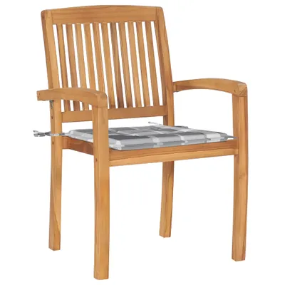 Produktbild von vidaXL Gartenstühle 2 Stk. Graue Karomuster Kissen Massivholz Teak