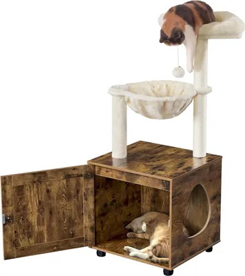 Produktbild von Kratzbaum Mit Katzenklo-Schrank, 125 Cm Stabiler Katzenbaum Holz Für Große Katze Mit Kratzsäule Liegefläche, Katzenschrank Für Katzentoilette, Vintagebraun-Beige