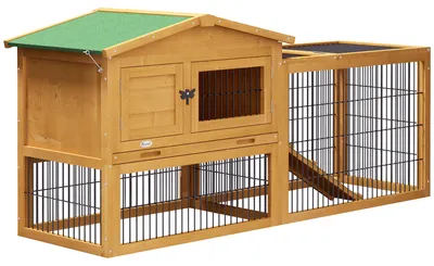Produktbild von Hasenstall 2 Ebenen Kaninchenstall Tannenholz Winterfest Doppelstockhaus mit Freilaufgehege Rampe 150x52x68 cm Gelb