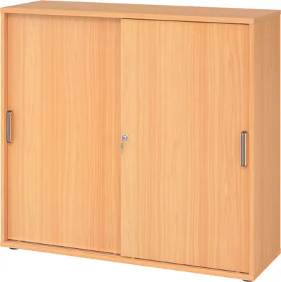 Produktbild von bümö Schiebetürenschrank office - 3 Ordnerhöhen - Griff: Streifengriff (Kunststoff), Nachbildung: Buche
