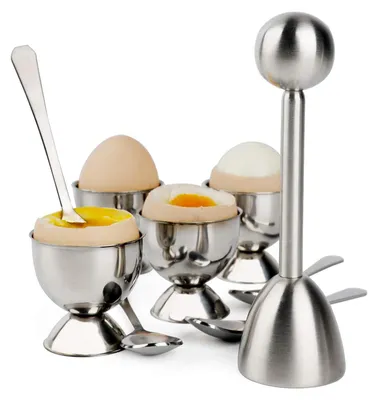 Produktbild von Eierknacker-Set mit Eierlöffeln und Eierbechern, inklusive Schalenentferner, perfekt für weich- und hartgekochte Eier
