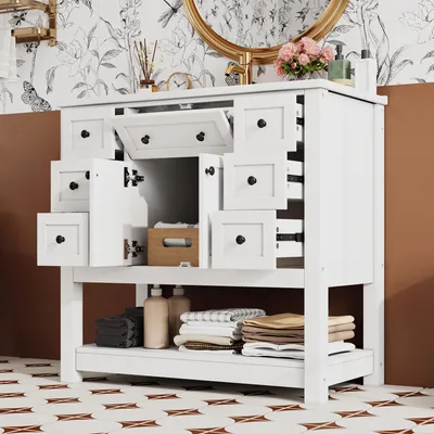 Immagine prodotto di Lavabo a pavimento okwish con cassetti silenziosi, lavabo in Vetroceramica integrato con ampio spazio di stoccaggio, maniglia in metallo, bianco