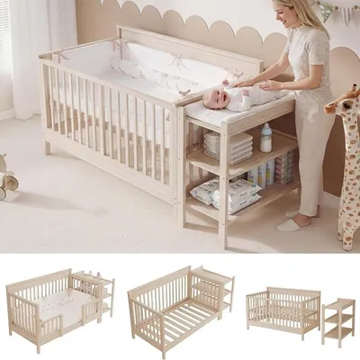 Imagen del producto de Cuna para bebé con cambiador, con altura ajustable. Cuna que crece con el bebé y se puede convertir en una cuna auxiliar o en una cuna para niños. Fabricada en madera maciza