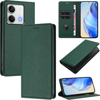 Obrázek produktu pro Kožené pouzdro pro Xiaomi Redmi Note 13 5G, Litschi kůže, peněženkové pouzdro s přihrádkami na karty a stojánkem Zelený