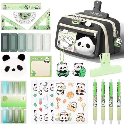 Produktbild von Schulset in schwarzer Pappbox, enthält 4 Markierstifte, 4 Gummipen, 6 Korrekturstreifen, 4 Lineale, Stifte, Schulbedarf für Mädchen