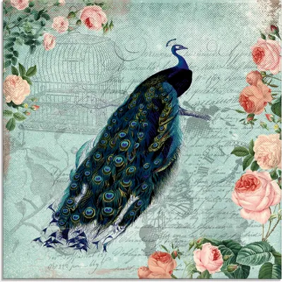 Produktbild von ARTland Glasbild Vintage Rosen und Pfau Illustration Größe: 40x40 cm