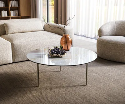 Produktbild von DELIFE Couchtisch Edge Rund 90x90 cm Keramik Onyx Pearl Trive Metall Effektfinish Titan