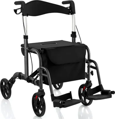 Produktbild von GOPLUS Rollator, 2 in 1 Rollstuhl faltbar aus Aluminium bis 136kg belastbar, höhenverstellbarer Reiserollator leichtgewicht, Gehhilfer Transportstuhl mit Fußstütze für Ältere (Schwarz)
