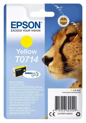 The image shows the retail packaging of an Epson T0714 Yellow ink cartridge, featuring a close-up of a cheetah's face.