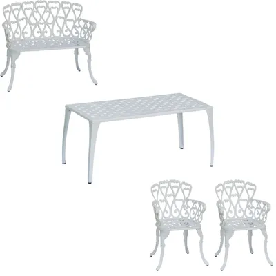 Produktbild von Inko 4-teilige Sitzgruppe Eden Alu-Guss weiß Sitzbank/Sessel/Tisch 90x46 cm