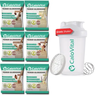 Produktbild von CaloVital Hochkalorische Trinknahrung für gezielte Gewichtszunahme [PROBIERPAKET INKL. GRATIS SHAKER] 6er Pack Nuss & Crem je 50 g Pulver