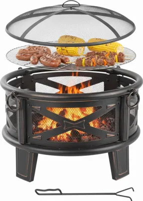 Immagine prodotto di Braciere Relaxdays, Ø 66 cm, con griglia, parascintille e attizzatoio, braciere da giardino, nero/bronzo