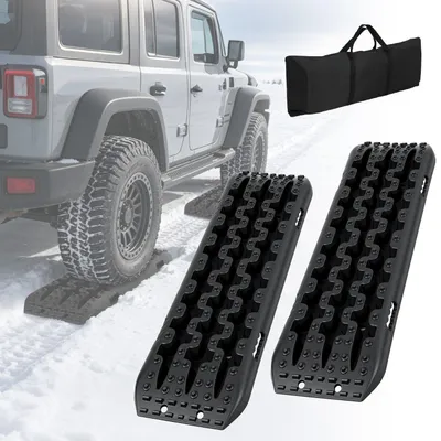 Produktbild von Eikuavons Anfahrhilfe Auto 2er Set, Traktionsmatten für Reifen, Offroad Bergeboards aus PP für SUV Wohnmobil LKW, Sand Schlamm Schnee, Schwarz mit Tragetasche