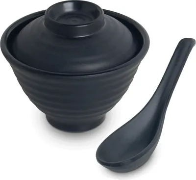Produktbild von [ Melamin MATT SCHWARZ ] Miso Suppen-Schale mit Deckel + Löffel