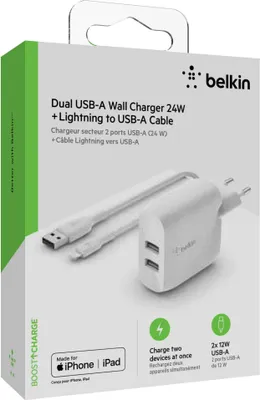Immagine prodotto di Belkin Caricatore doppio USB-A incl. cavo Lightning 1m 24W bianco