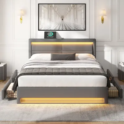 A modern gray upholstered bed with LED lighting and built-in storage drawers, set in a bedroom with decorative wall molding and sconces.