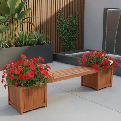 Produktbild von Gartenbank aus Holz mit Blumenkästen, 150 cm, robuste Sitzbank & Pflanzkübel