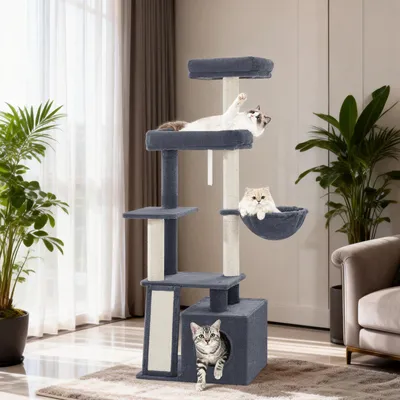 Produktbild von Fobyfurny kratzbaum, 144 cm Mehrstöckiger Katzenbaum, Dunkelgrau | Katzenturm mit Kratzbrett, 4 Sisalstangen, Gemütlicher Katzenhaus, 2 Plattformen