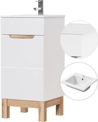 Produktbild von Waschtisch 42cm mit Keramik Waschbecken SOLNA-56 Hochglanz weiß mit Wotaneiche B/H/T ca. 42/85/42 cm