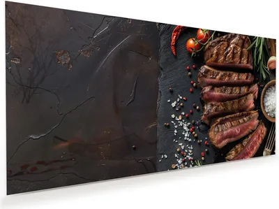 Produktbild von Glasbild 80x40cm in XXL für Wohnzimmer, Schlafzimmer Motiv Gegrilltes Steak Teller