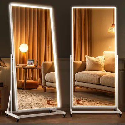 Obrázok produktu pre Zrkadlo v celom tele s kolieskami, 165 x 61 cm, otočné o 360°, LED osvetlenie, biela farba