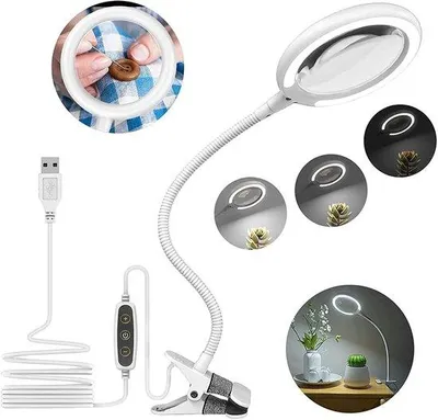 Produktbild von Unyqoos® LED-Lupenleuchte 3x mit Klemme – 28 LEDs, verstellbarer 35,5 cm Schwanenhals, 2-in-1 Tischlampe & Lupe, USB-betrieben für Präzisionsarbeit