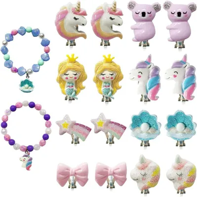 Productafbeelding van Oorclips en armbanden - Kinder sieraden set - Feestelijke aankleding - Verschillende patronen - 8 paar 2 armbanden - Multicolor
