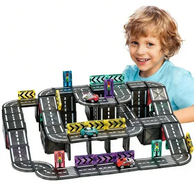 Image de 128 pièces - Blocs magnétiques, route - Blocs de construction magnétiques, jouets de construction STEM pour garçons et filles de 3, 4, 5, 6, 7, 8 ans, bleu