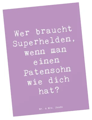 Produktbild von Mr. & Mrs. Panda Postkarte Spruch Patensohn Held - Lavendeltraum - Geschenk, Unterstützung, Geschenke, Ansichtskarte, Ansichtskarten, Helden, bildkarte, Patenkind