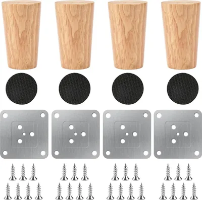 Produktbild von 8cm Möbelfüße Holz Möbelbeine, 4 Stück Massivholz Konisch Ersatz Möbelfüße, Schrankfüsse Holz, mit Montageplatten, Schrauben, Leise Gummipads, Holz Tischbeine, für Sofa Bett Schrank Couch Stuhl