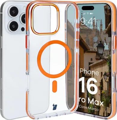 Produktbild von Bizon Case Marco Magnetische Ringhülle für iPhone 16 Pro Max, Transparent mit orangem Rahmen