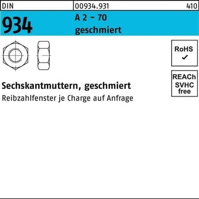 Produktbild von Sechskantmutter DIN 934 M12 A 2 -70 geschmiert 250 Stück