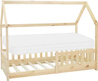Produktbild von ML-Design dětská postel 80x160 cm s matrací, ochranou proti pádu, střechou a lamelovým roštem, přírodní, domácí postel z borovicového dřeva