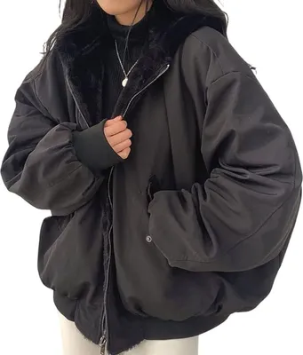 Produktbild von ASKSA Dámská zimní bunda Baggy Oboustranná parka s kapucí Teplý fleecový zimní kabát Outdoorová bunda, černá, S