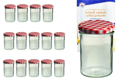 Produktbild von 15er Set Sturzglas 435 ml To 82 rot karierter Deckel Einmachgläser Einkochgläser incl. Rezeptheft